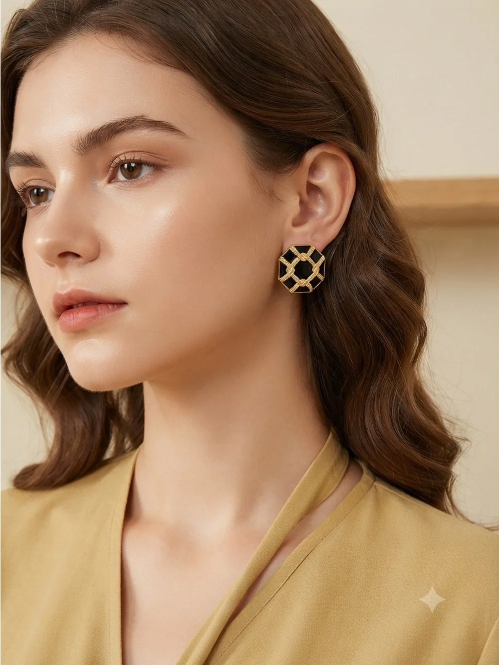 Modern Octagonal Black Enamel Earrings | Gold-Tone Geometric Statement